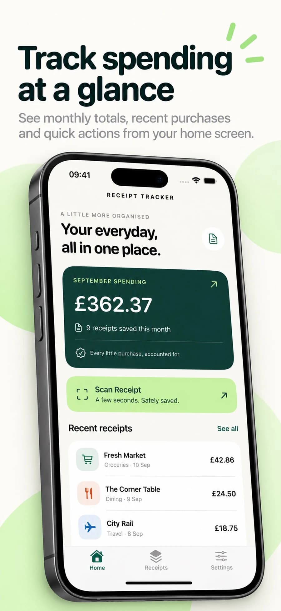 Receiptly home screen with monthly spending and recent receipts