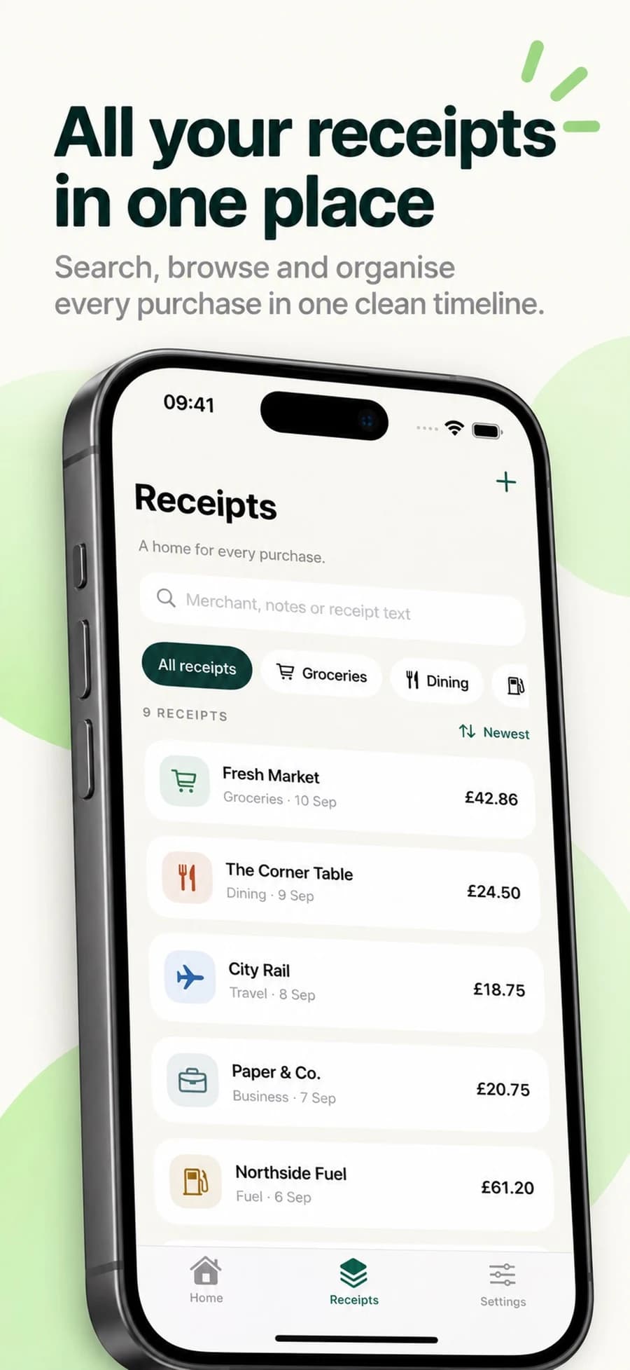 Receiptly searchable receipt collection with category filters