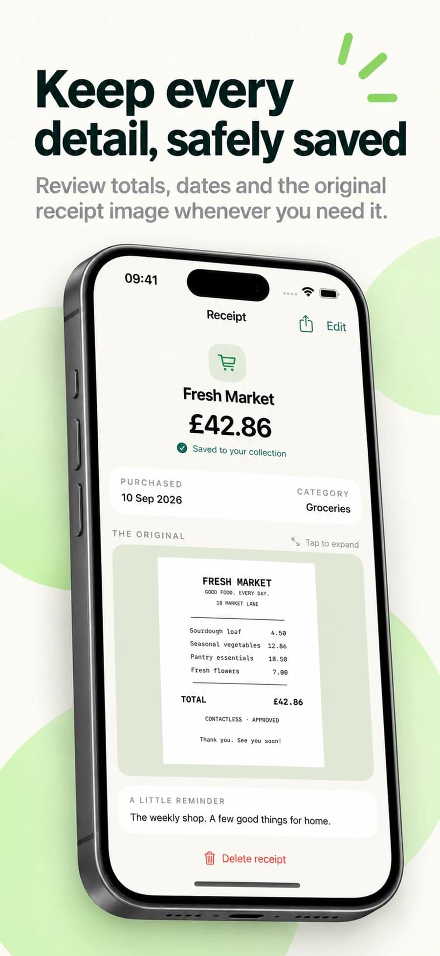 Receiptly saved receipt showing purchase details and the original image