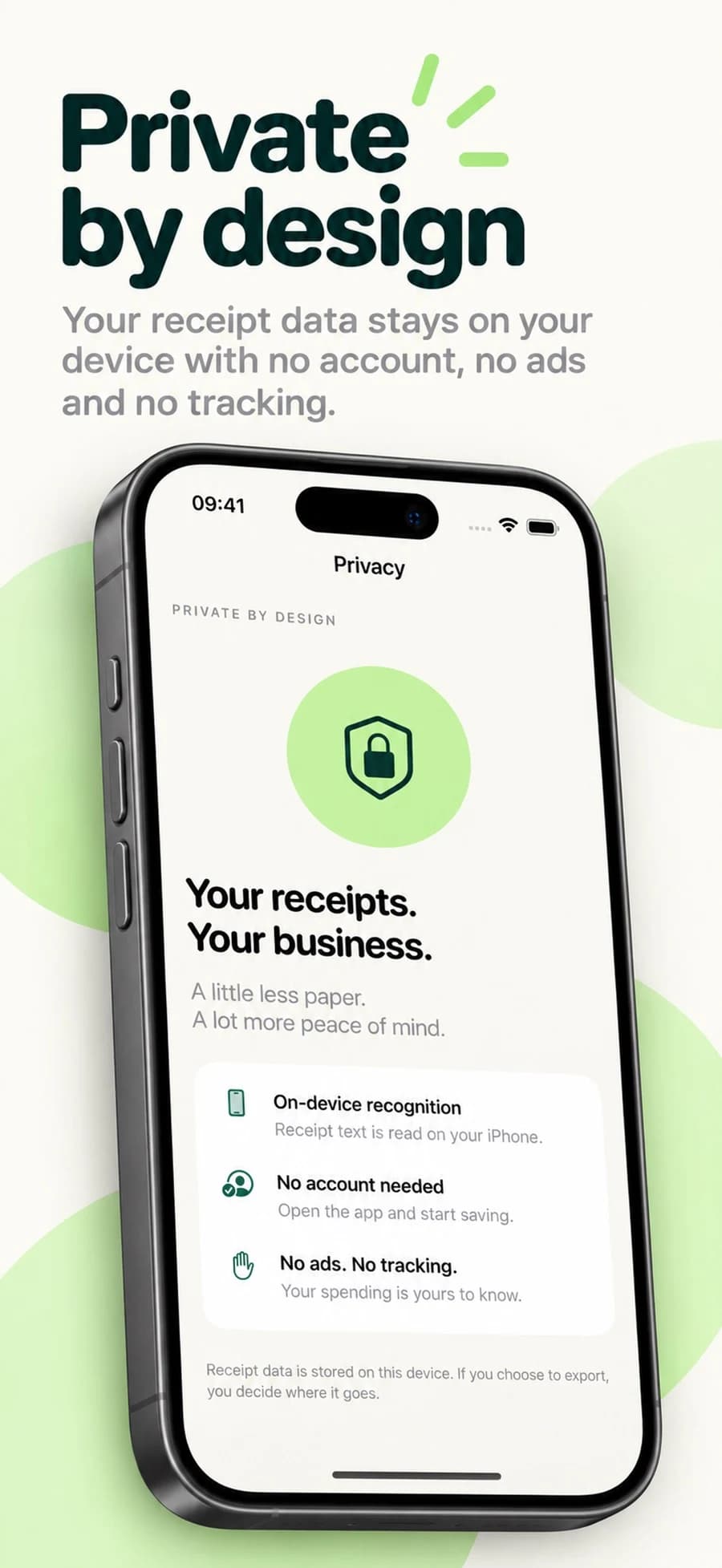 Receiptly privacy screen explaining on-device recognition and no account requirement