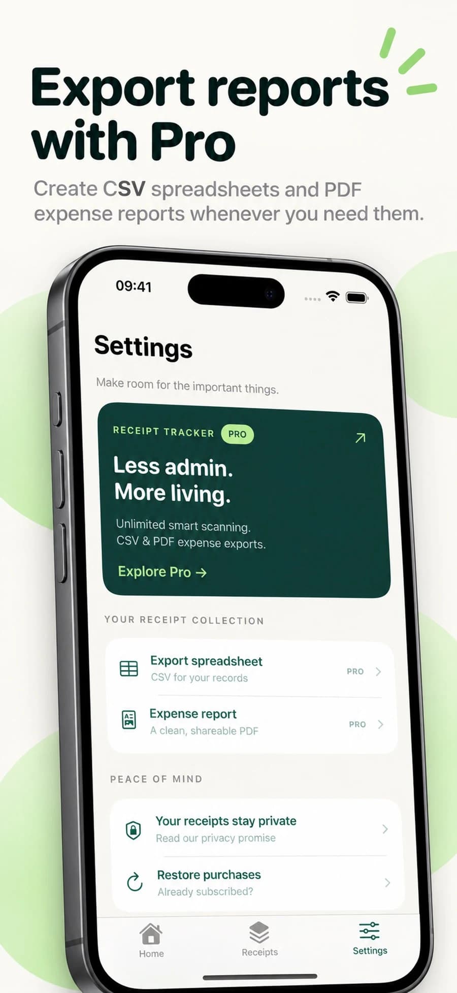 Receiptly Pro options for CSV spreadsheets and PDF expense reports