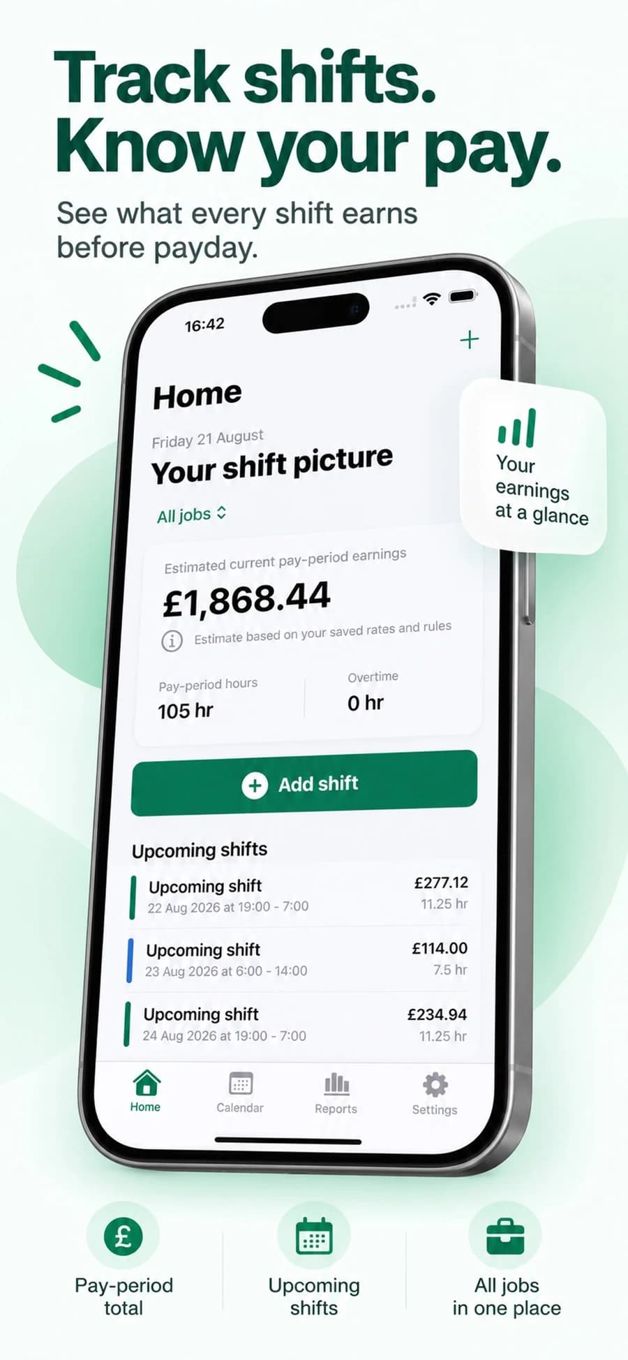 RotaWage home screen with upcoming shifts and estimated gross earnings