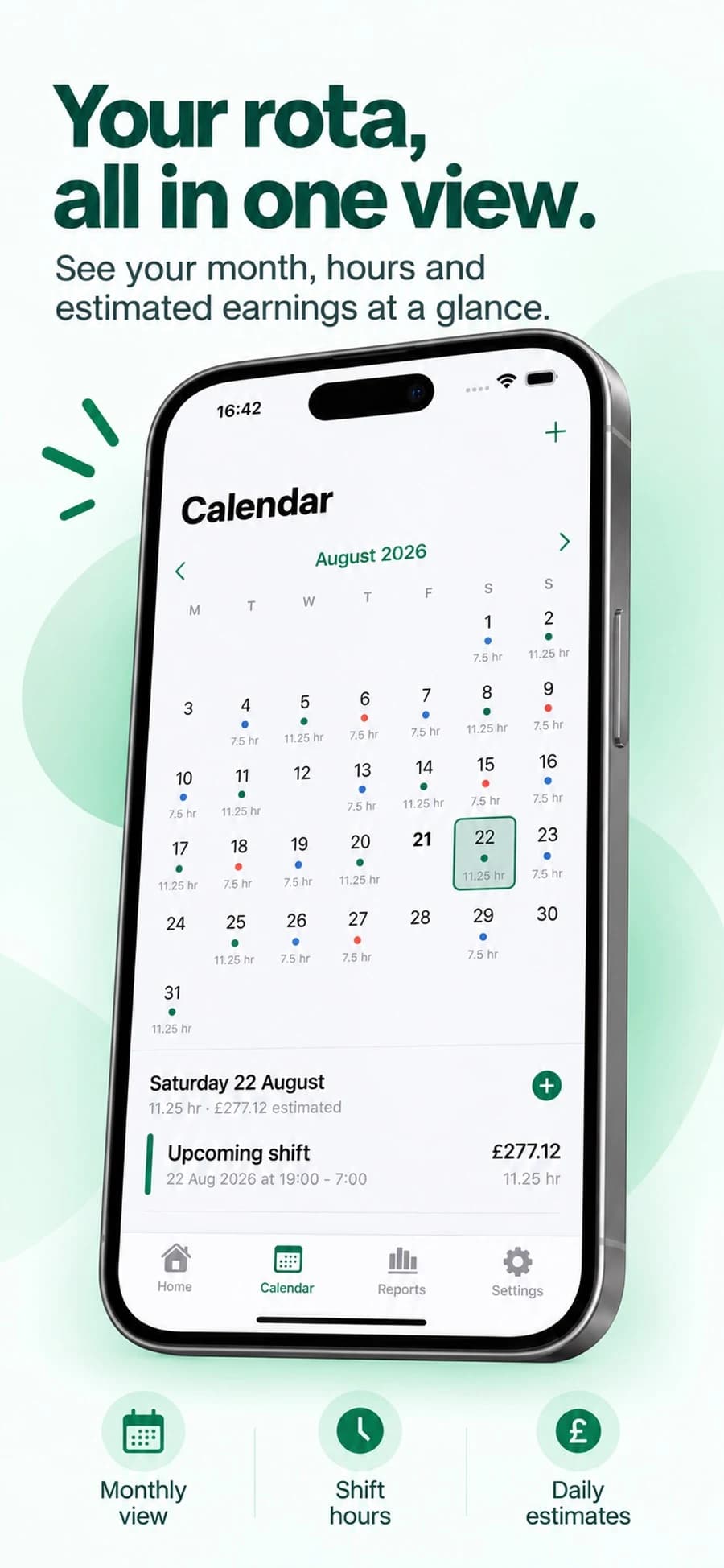 RotaWage monthly calendar with planned and completed shifts