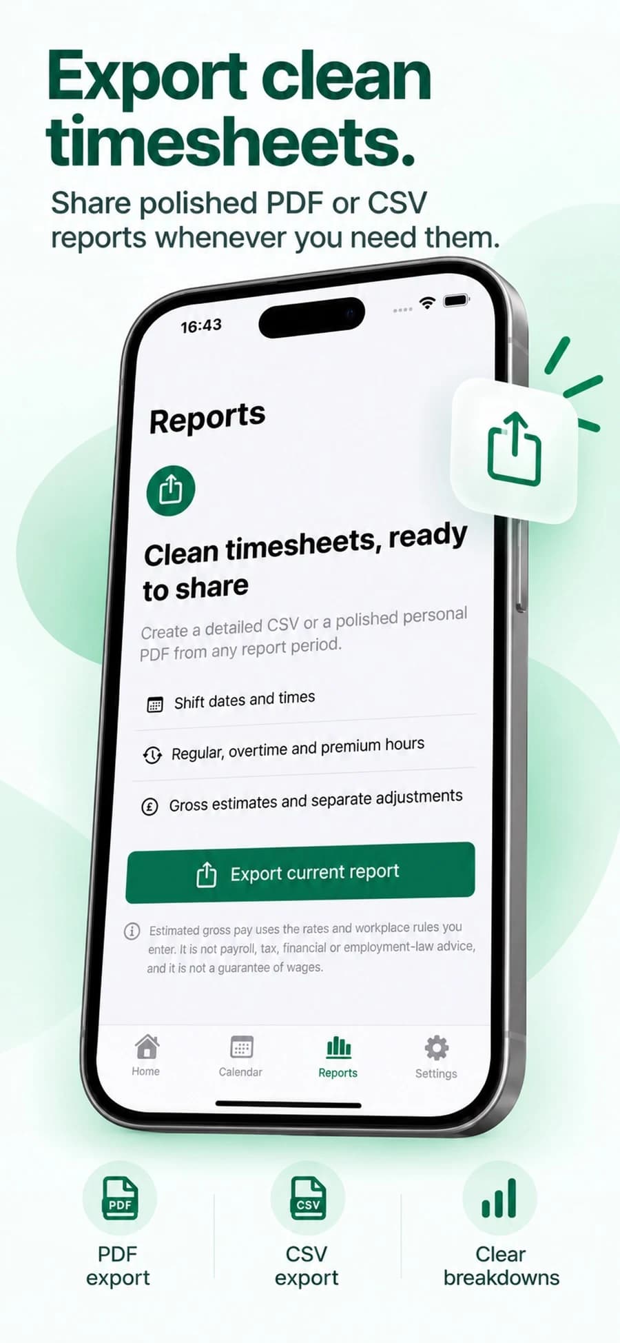 RotaWage Pro export screen for PDF and CSV timesheets