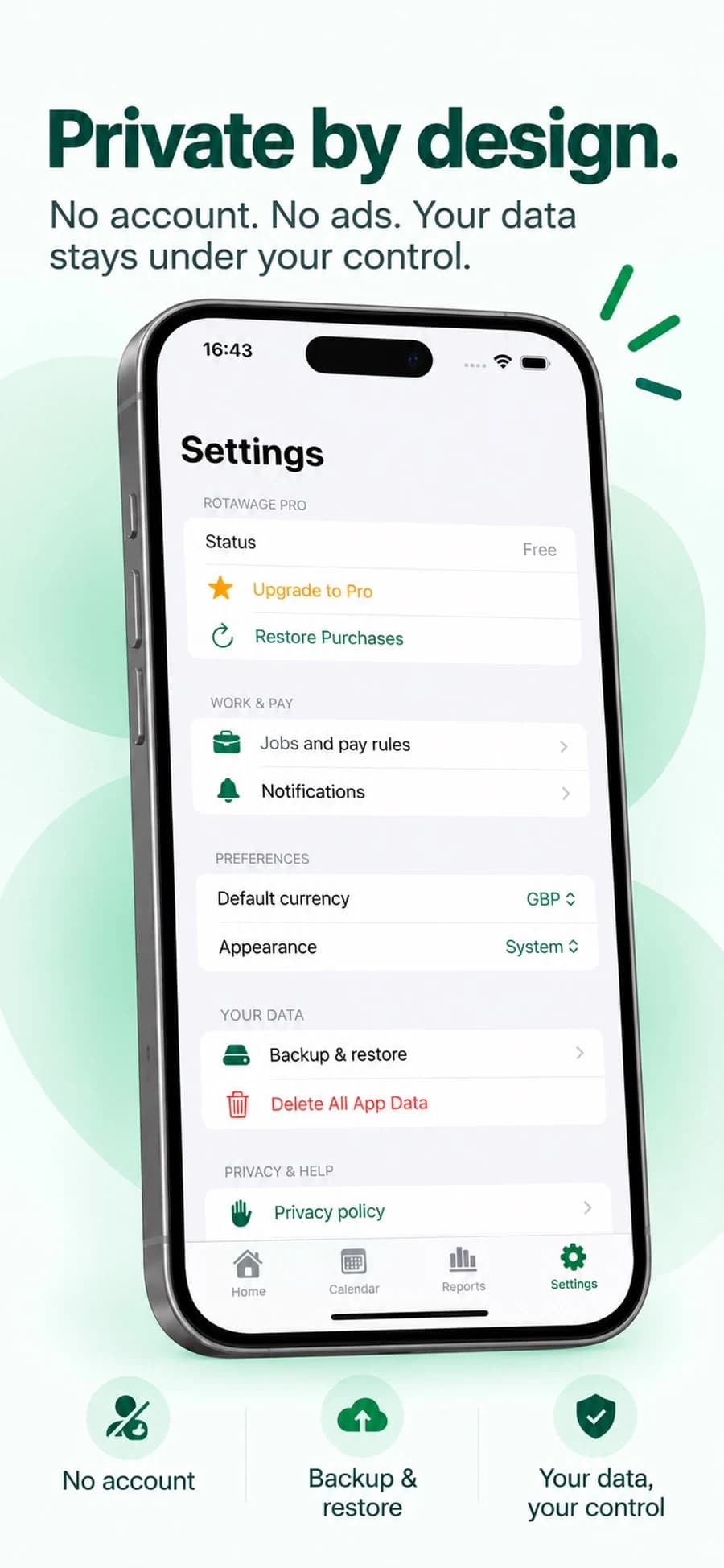 RotaWage settings with local backup and privacy options