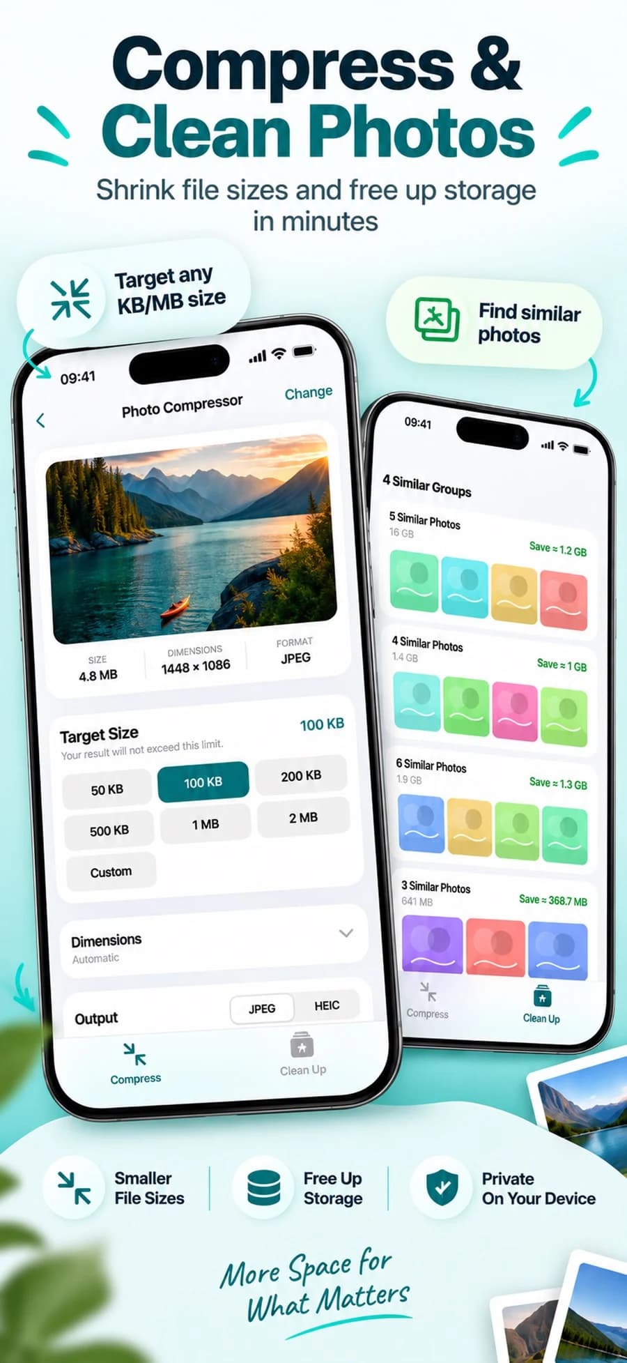 Photo Cleaner & Compressor overview of target-size compression and similar-photo cleanup