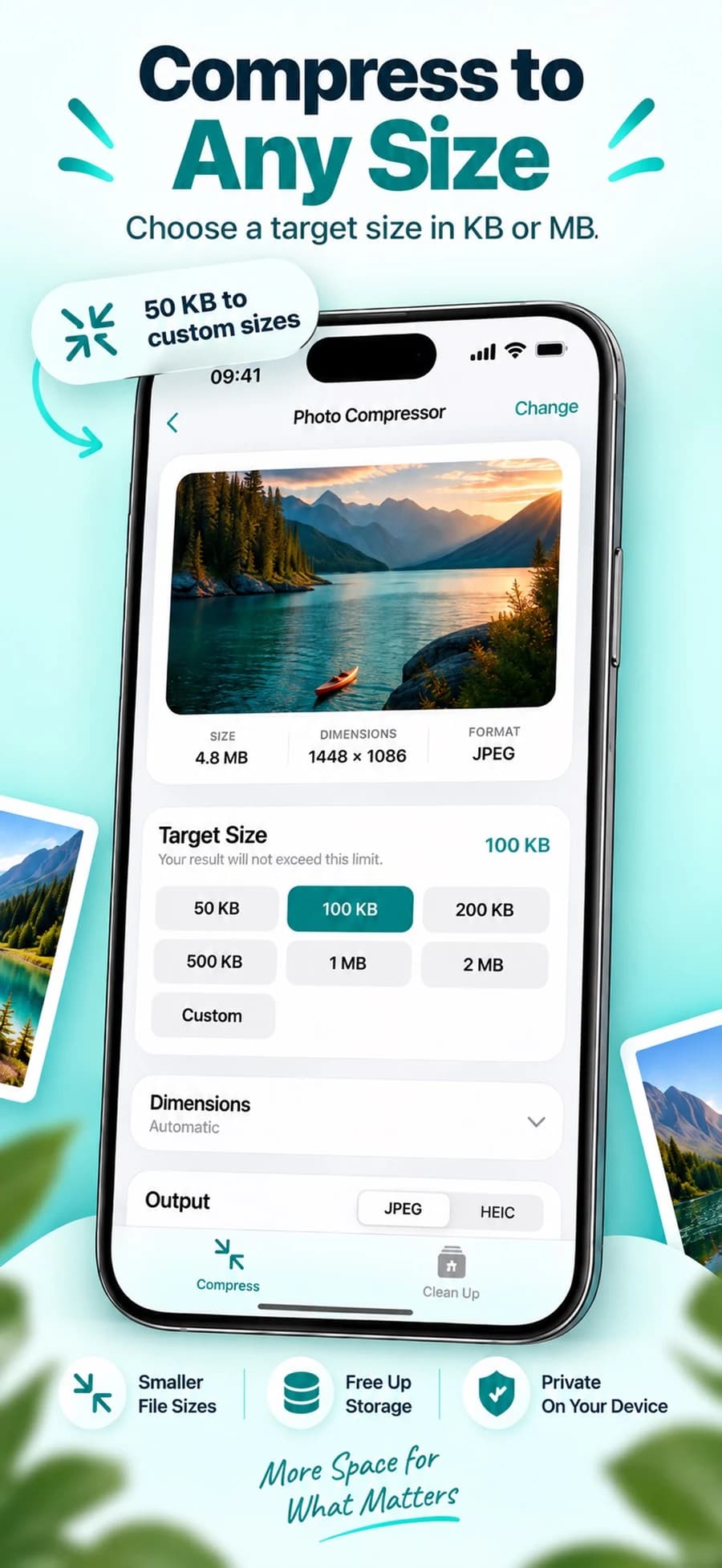 Photo compression screen with target file size in KB or MB