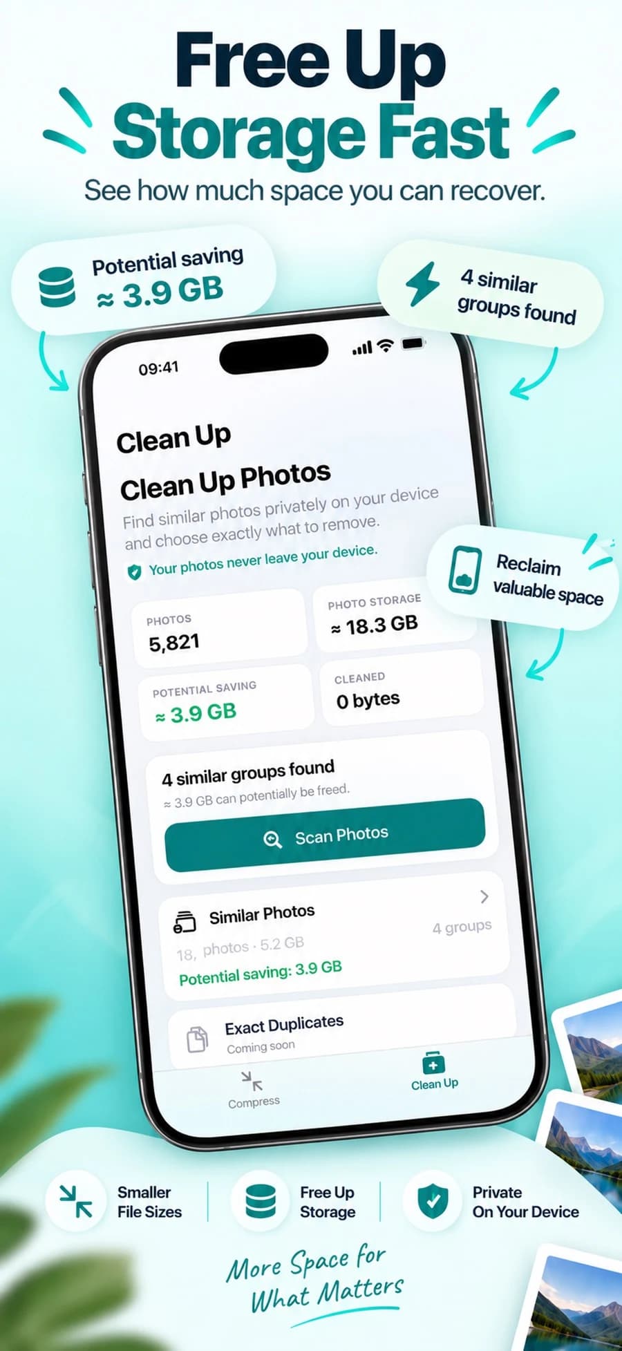 Smart Cleanup overview showing photo groups and estimated storage savings