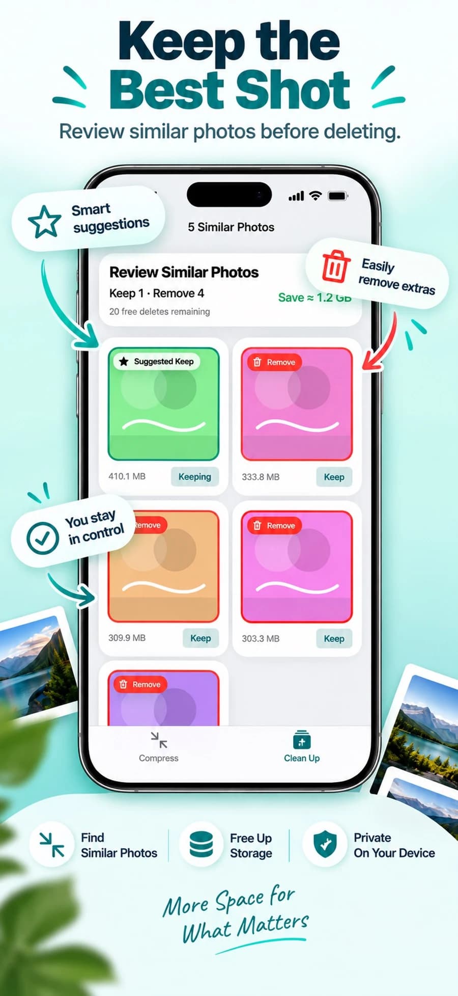 Photo review screen for choosing which similar shots to keep or remove